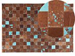 Rug Brown And Blue Leather 140 X 200 Cm Cowhide Hand Crafted Beliani