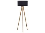 Floor Lamp Black With Light Wooden Frame 140 Cm Fabric Drum Shade Tripod Modern Design Beliani