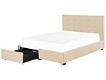 Eu Double Size Bed Beige Fabric 5ft3 Upholstered Frame Buttoned Headrest With Storage Drawers Beliani