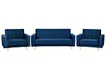 Living Room Set Navy Blue Velvet Tufted Fabric 3 Seater Sofa Bed 2 Reclining Armchairs Modern 3-piece Suite Beliani