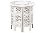 Side Table White With Carved Pattern Distressed Effect Living Room Hallway Rustic Oriental Beliani