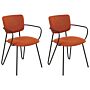 Set Of 2 Dining Chairs Orange Polyester Structural Fabric Upholstery Black Metal Legs Armless Curved Backrest