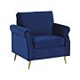 Armchair Cobalt Blue Velvet Fabric Upholstery Gold Metal Legs Removable Seat And Back Cushions