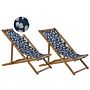 Set Of 2 Garden Deck Chairs Light Acacia Wood Frame Floral Pattern Replacement Fabric Hammock Seat Reclining Folding Sun Lounger