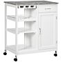 Homcom Compact Kitchen Trolley Utility Cart On Wheels With Wine Rack, Drawer, Open Shelf And Storage Cabinet, White