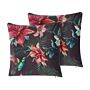 Set Of 2 Scatter Cushions Multicolour Velvet 45 X 45 Cm Tropical Pattern Flower Print Decorative Throw Pillows Removable Covers Zipper Closure