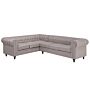 Chesterfield Right Hand Fabric Corner Sofa Beige Fabric Upholstery Dark Wood Legs Chaise 6 Seater