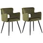 Set Of 2 Chairs Olive Green Velvet With Armrests Cut-out Backrest Black Metal Legs