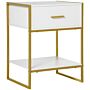 Homcom Modern Bedside Table, Bedside Cabinet With Drawer Shelf, Storage Organizer, White And Gold