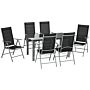 Outsunny 7 Piece Garden Dining Set, Outdoor Table And 6 Folding And Reclining Chairs, Aluminium Frame, Tempered Glass Top Table Texteline Seats Black