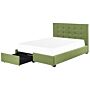 Eu Double Size Bed Green Fabric 4ft6 Upholstered Frame Buttoned Headrest With Storage Drawers