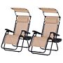 Outsunny 2 Piece Foldable Reclining Garden Chairs With Headrest, Zero Gravity Deck Sun Loungers Seat Chair With Footrest, Armrest, Cup Holder & Canopy Shade, Beige