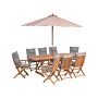 Outdoor Dining Set Light Acacia Wood With Grey Cushions 8 Seater Table Folding Chairs Beige Umbrella Rustic Design Beliani