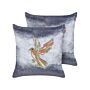 Set Of 2 Scatter Cushions Grey Velvet 45 X 45 Cm Square Handmade Throw Pillows Embroidered Animal Bird Pattern Removable Cover