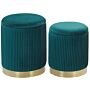 Set Of 2 Storage Pouffes Teal Blue Polyester Velvet Upholstery Gold Base Modern Design Horizontal Tuft