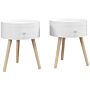 Homcom Modern Side Table, Small Coffee Table, Round Bedside Table With Drawer And Wood Legs For Living Room, Bedroom, Set Of 2, White