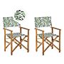 Set Of 2 Garden Director's Chairs Light Wood With Grey Acacia Leaf Pattern Replacement Fabric Folding