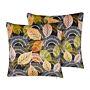 Set Of 2 Cushions Multicolour Velvet 45 X 45 Cm Leaf Pattern Print With Filling Zipper Scatter Throw Pillow