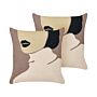 Set Of 2 Throw Cushions Brown Beige Woman Face Motif 45 X 45 Cm Decorative Pillow