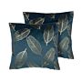 Set Of 2 Decorative Cushions Blue Velvet Leaf Pattern 45 X 45 Cm Gold Foil Print