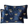 Set Of 2 Decorative Cushions Navy Blue Velvet 30 X 50 Cm Animal Pattern Dragonfly Motif Modern Glamour Pillow