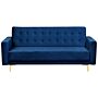 Sofa Bed Navy Blue Velvet Tufted Fabric Modular 3 Seater Gold Legs Track Arm