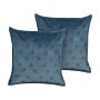 Set Of 2 Decorative Cushions Dark Blue Velvet And Cotton 45 X 45 Cm Geometric Pattern Block Printed