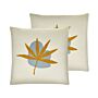 Set Of 2 Decorative Throw Cushions Orange Polyester Cotton 45 X 45 Cm Boho Embroidered Leaf Motif