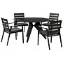 Outdoor Dining Set Black Aluminium 4 Seater Round Table 110 Cm Slatted Chairs With Grey Seat Pads