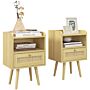 Homcom Bedside Table Set Of 2, Boho Nightstand With Drawer, Storage Compartment, Natural Wood Finish