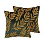 Set Of 2 Decorative Cushions Green Velvet Embroidered Leaf Pattern 45 X 45 Cm Floral Motif Glamour