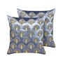 Set Of 2 Scatter Cushions Violet And Gold Velvet 45 X 45 Cm Square Handmade Throw Pillows Embroidered Seashell Pattern Removable Cover