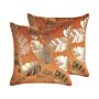 Set Of 2 Decorative Cushions Orange Velvet 45 X 45 Cm Gold Leaf Foil Print