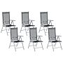 Set Of 6 Garden Chairs Black Textile Silver Aluminium Frame Foldable Reclining