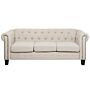 Chesterfield Sofa Beige Fabric Upholstery Dark Wood Legs 3 Seater Nailhead Trim