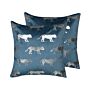 Set Of 2 Decorative Cushions Blue Velvet Animal Foil Print 45 X 45 Cm Tiger Motif