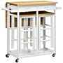 Homcom Kitchen Island Set With 2 Stools, Bamboo Breakfast Cart With Drop Leaf Top, Drawers And Towel Rack, Rolling Kitchen Cart And Chairs Set, White