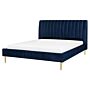 Eu King Size Panel Bed 5ft3 Blue Velvet Slatted Base High Headrest