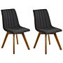 Set Of 2 Chairs Black Polyester Fabric Dark Solid Wood Legs Vertical Padding Curved Back