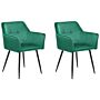 Set Of 2 Dining Chairs Emerald Green Velvet Upholstered Seat With Armrests Black Metal Legs