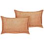 Set Of 2 Orange Decorative Pillows Corduroy 47 X 27 Cm Modern Traditional Cushions