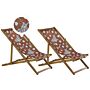 Set Of 2 Garden Deck Chairs Light Acacia Wood Frame Poppies Pattern Replacement Fabric Hammock Seat Reclining Folding Sun Lounger