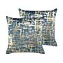 Set Of 2 Decorative Cushions Polyester Blue And Gold Crackle Effect 45 X 45 Cm Foil Print Pattern