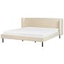 Bed Frame Beige Velvet Upholstery Black Legs Eu Super King Size 6ft Slatted With Wingback Headboard