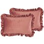 Set Of 2 Scatter Cushions Pink Velvet 30 X 50 Cm With Ruffles Chair Cushion