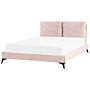 Eu Double Size Bed Pink Velvet Upholstery 4ft6 Slatted Base With Thick Padded Headboard With Cushions