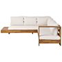 Outdoor Lounge Set Light Acacia Wood With White Cushions Left Hand Lounge Set With Side Table