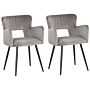 Set Of 2 Chairs Dining Chair Grey Velvet With Armrests Cut-out Backrest Black Metal Legs