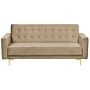 Sofa Bed Beige Velvet Tufted Fabric Modular 3 Seater Gold Legs Track Arm