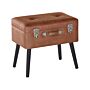 Stool With Storage Brown Faux Leather Upholstered Black Legs Suitcase Design Buttoned Top